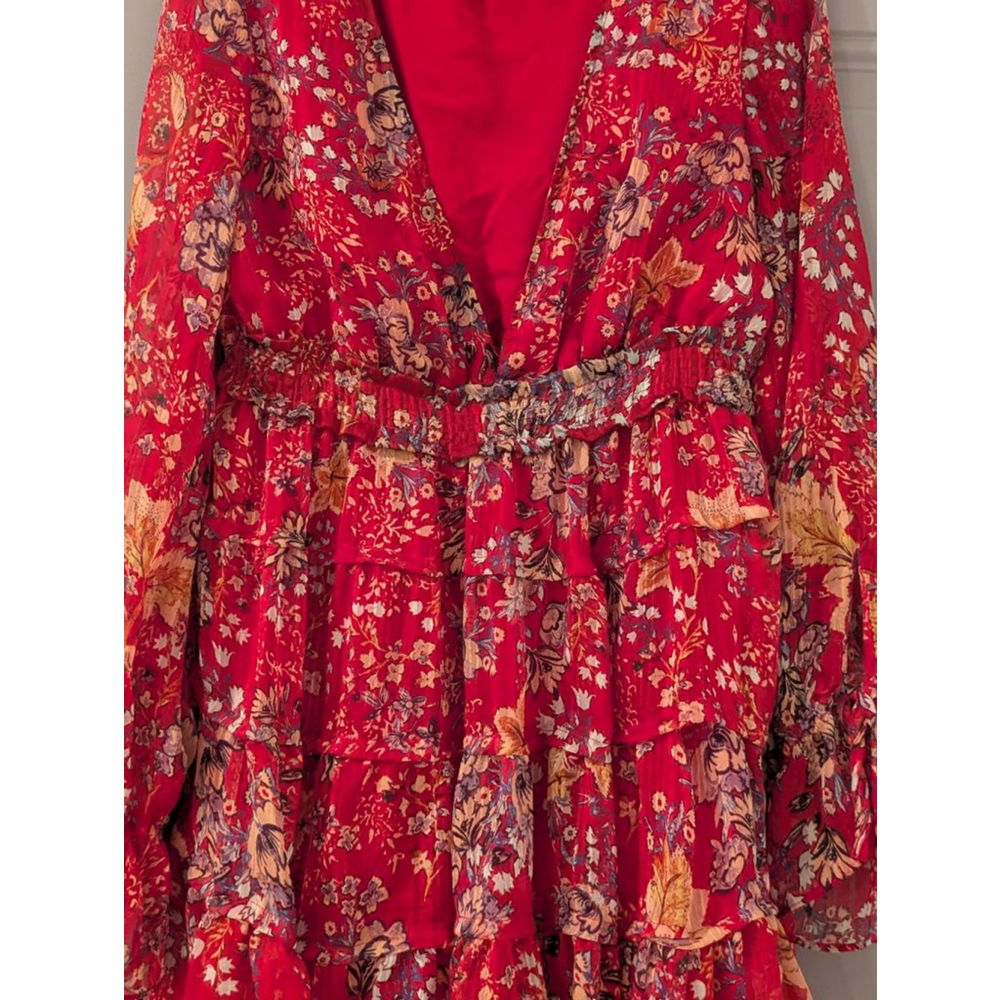Women's Free People M Red Floral Long Sleeve Ruffle Mini Dress - Picture 2 of 12